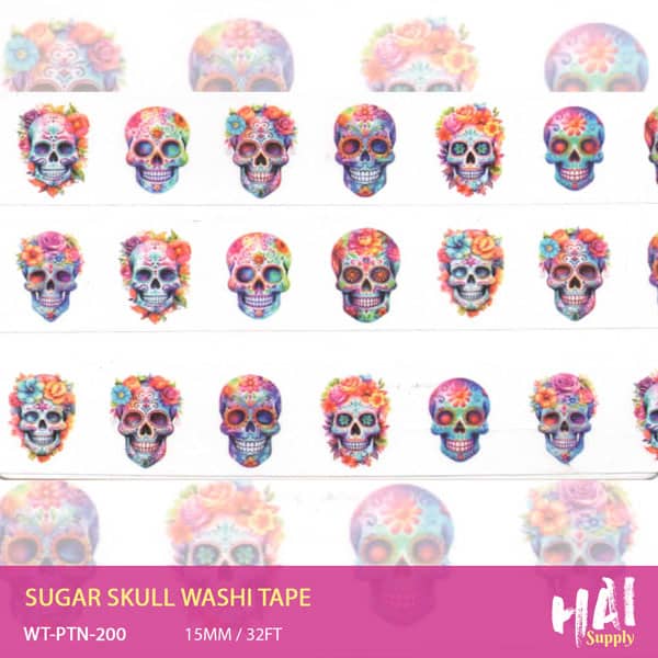 Sugar Skull Washi Tape design, Vibrant sugar skull pattern, Intricate sugar skull artwork, Japanese Rice Paper tape, Colorful sugar skull motif